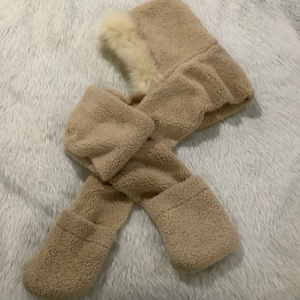 Brown fuzzy teddy hoodie scarf
